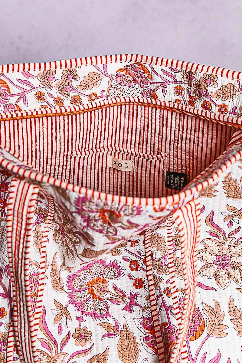 Cream Quilted Floral Tote Bag