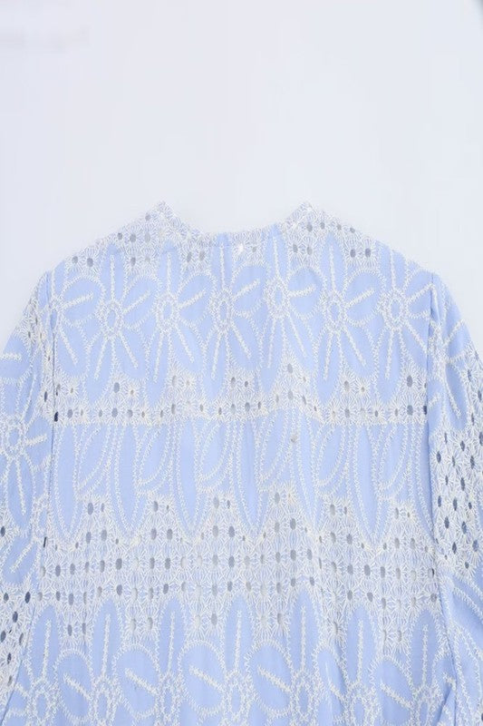 Blue Embroidered Short Sleeve Dress