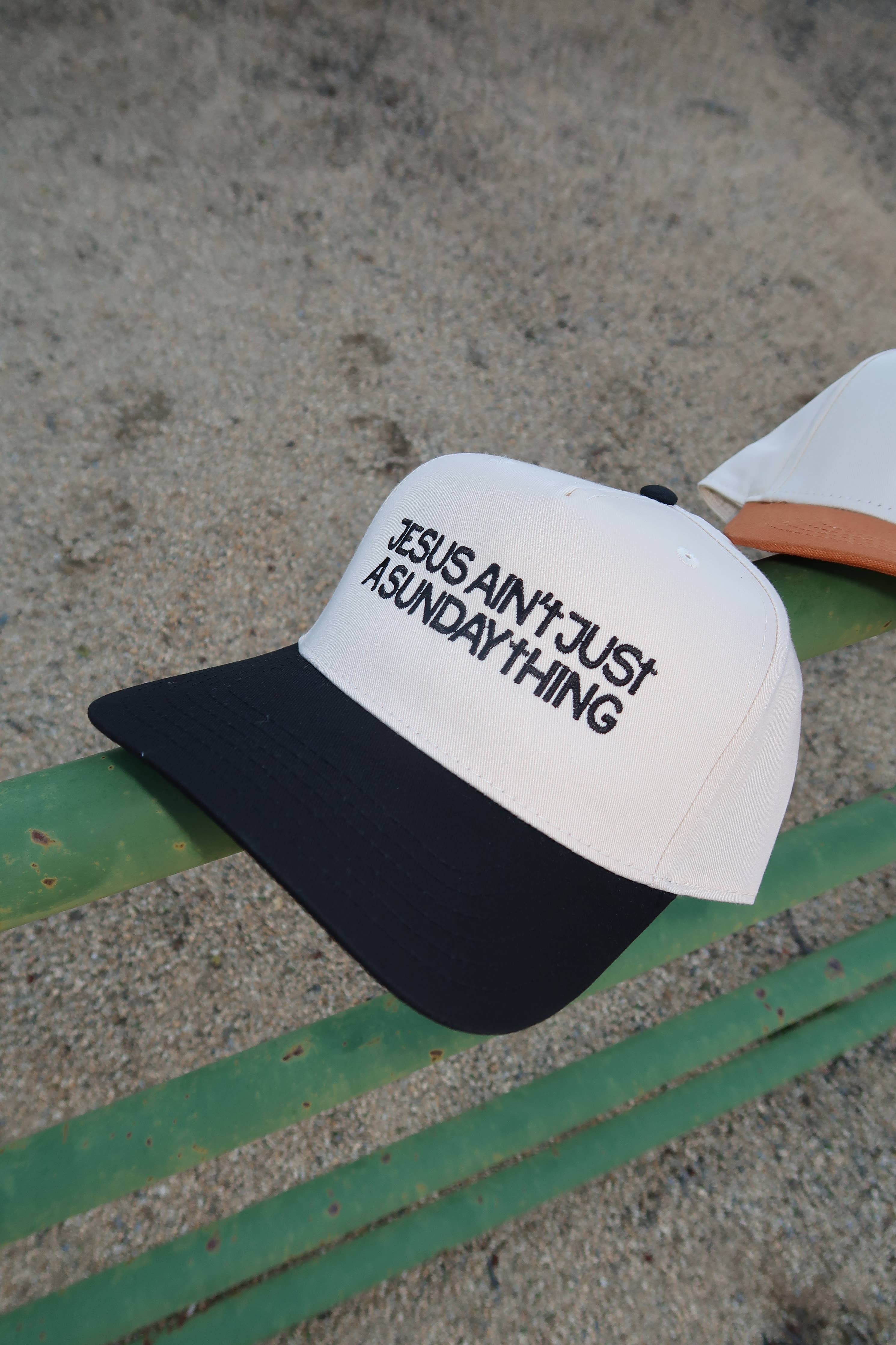 Jesus Ain't Just A Sunday Thing- Embroidered Hat showing adjustable snapback closure
