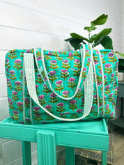 Aqua Floral Handmade Quilted Duffle Bag