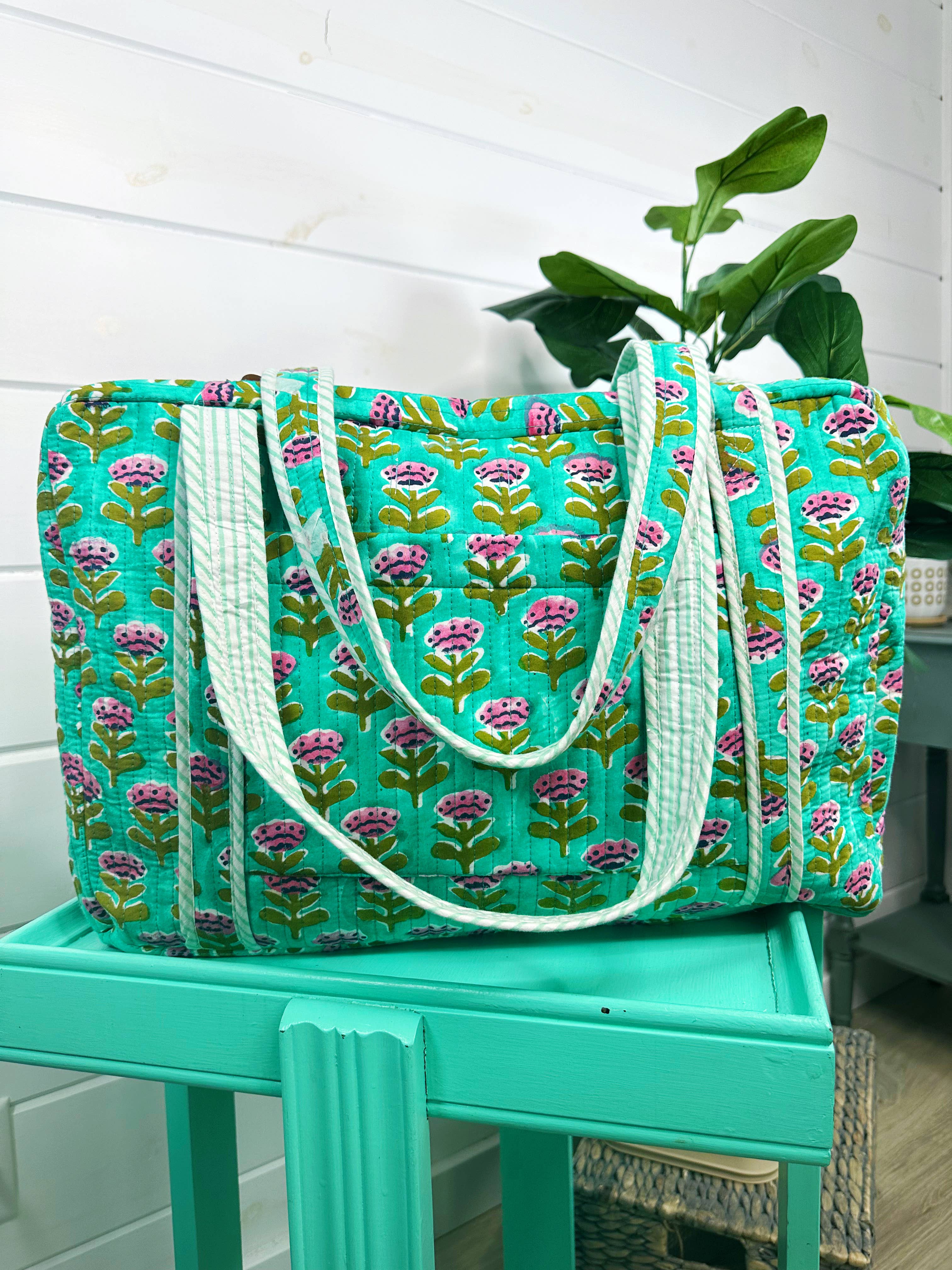 Aqua Floral Handmade Quilted Duffle Bag