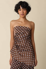 Brown & Blue Polka Dot Strapless Top