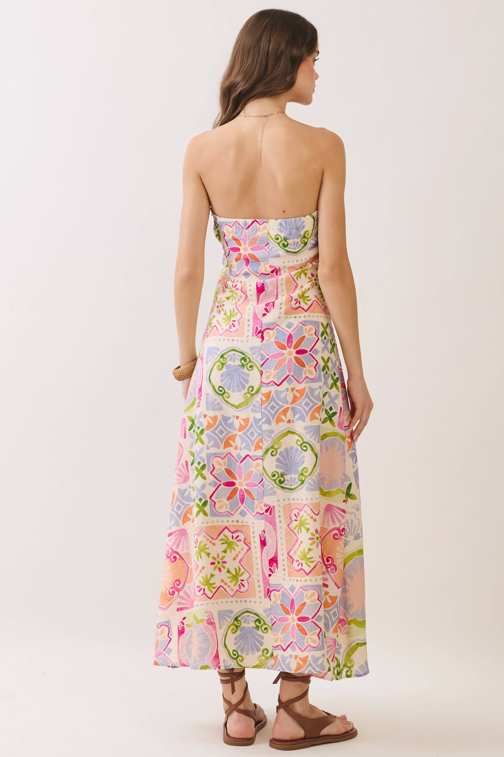Tile Print Strapless Maxi Dress