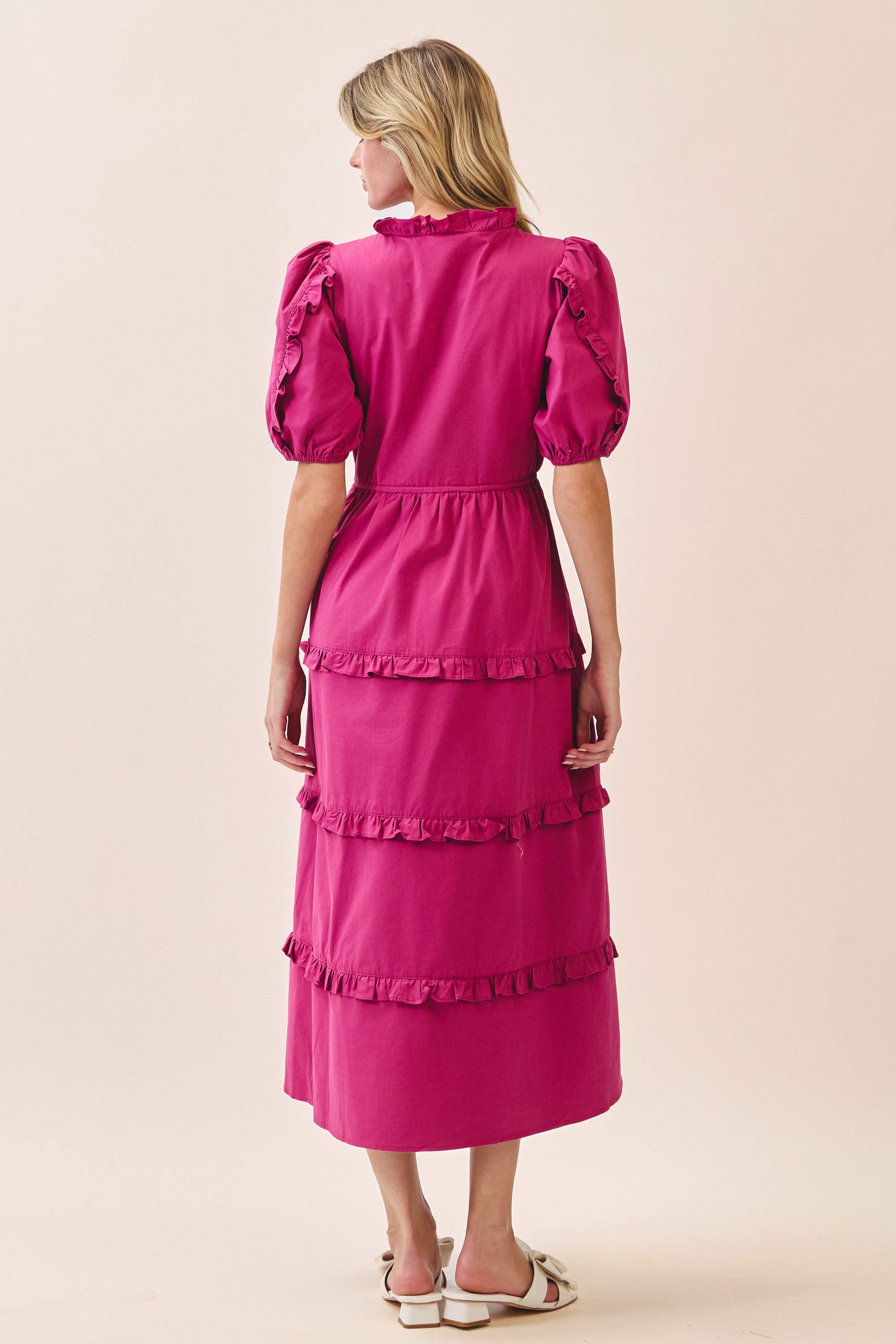 Pink Drawstring Waist Tiered Ruffle Dress
