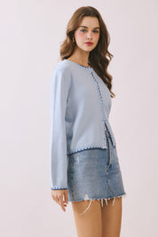 Blue Scalloped Trim Knit Top