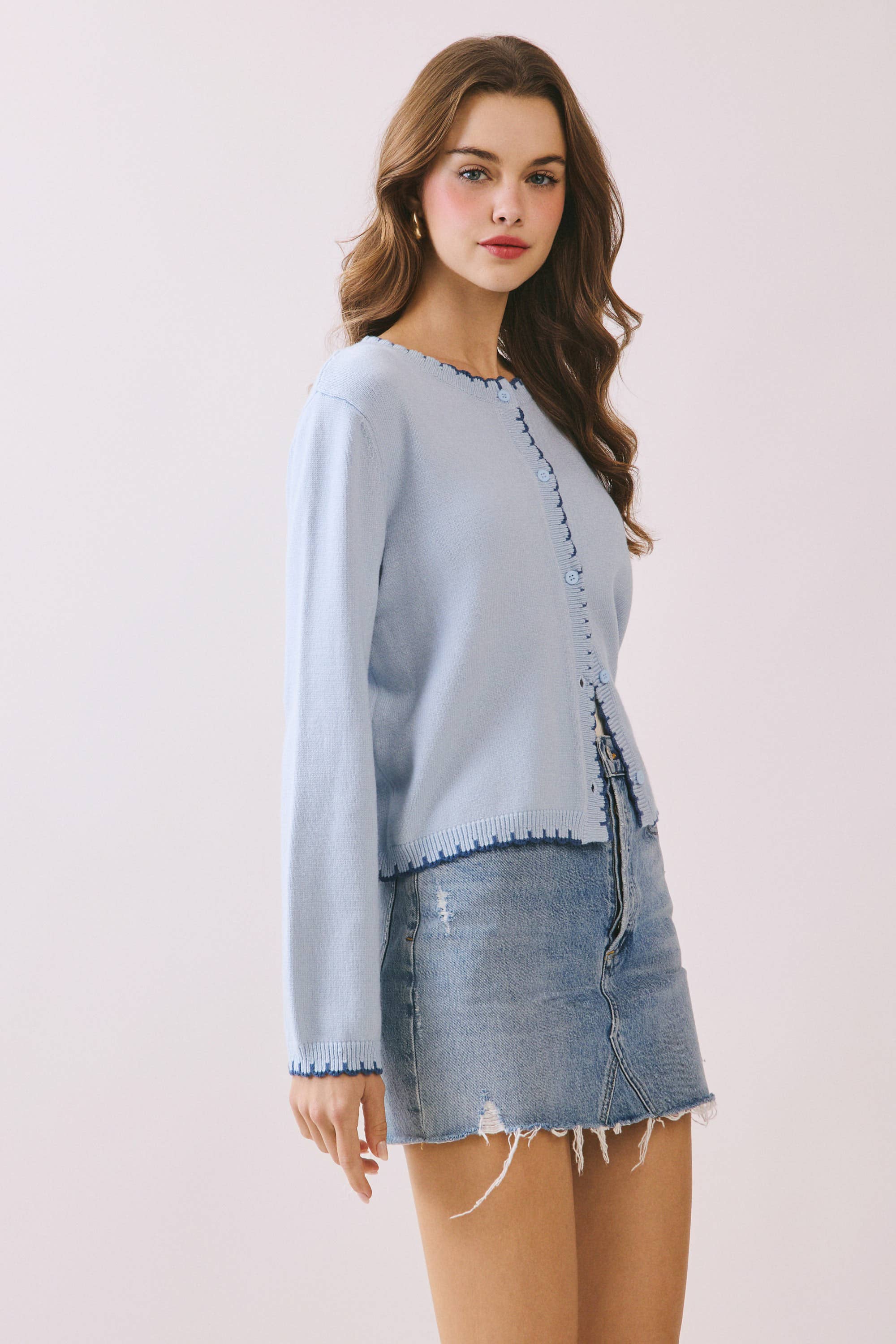 Blue Scalloped Trim Knit Top