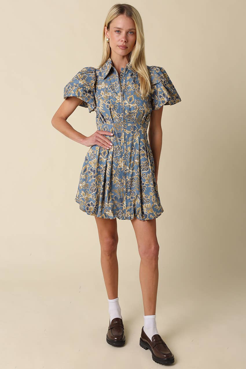 Blue & Gold Floral Mini Dress