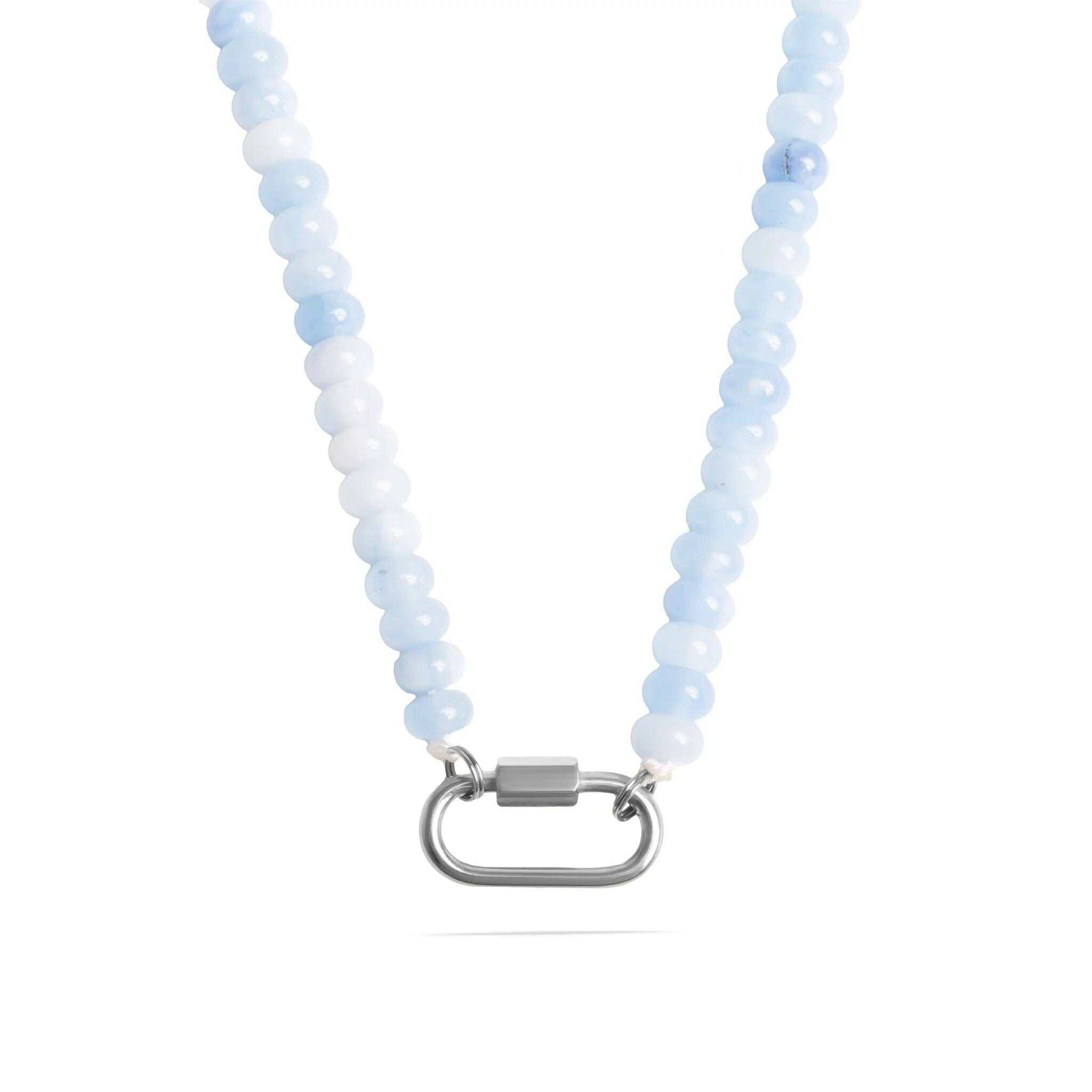 Stainless Steel  BlueChunky Glass Bead Carabiner Necklace