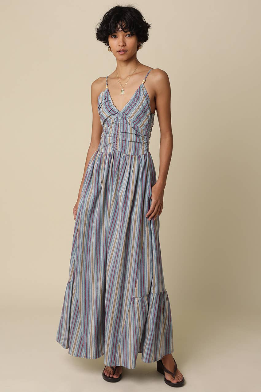 Blue Striped Beaded Maxi Dress