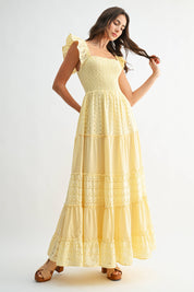 Yellow Eyelet Smocked Maxi Dress