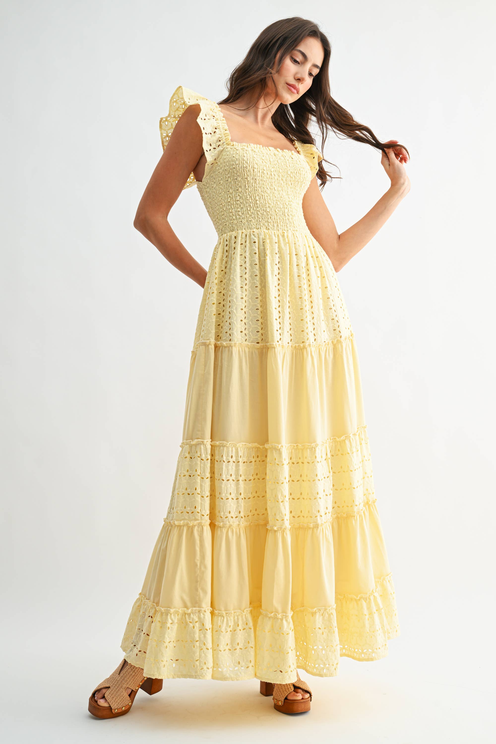 Yellow Eyelet Smocked Maxi Dress
