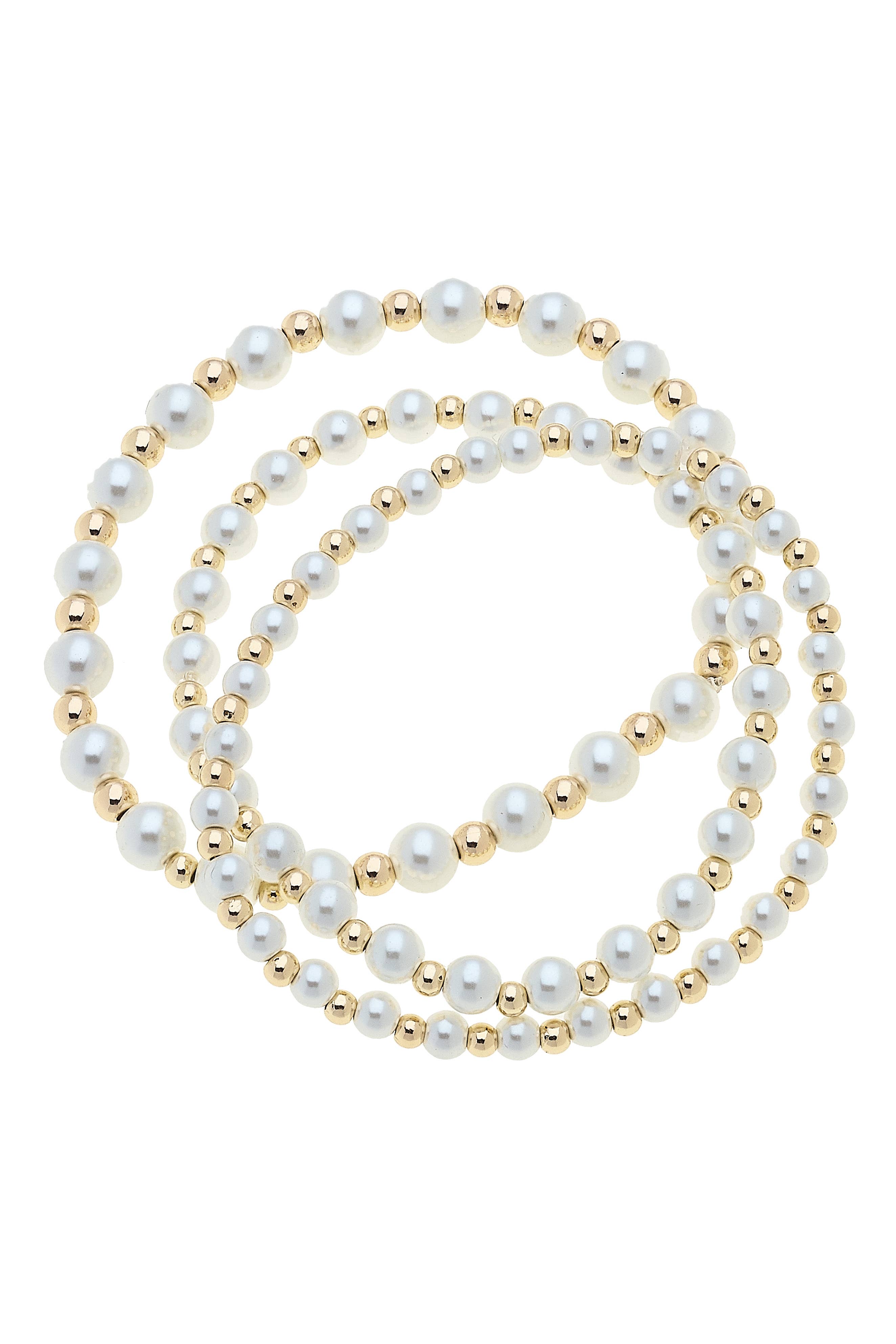 Annalise Pearl Beaded Stretch Bracelet Set of 3 in Ivory