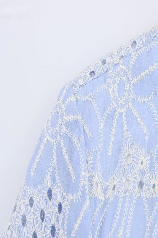 Blue Embroidered Short Sleeve Dress