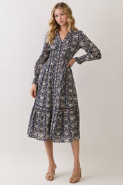 Navy Floral Smocked Waist Midi Dress