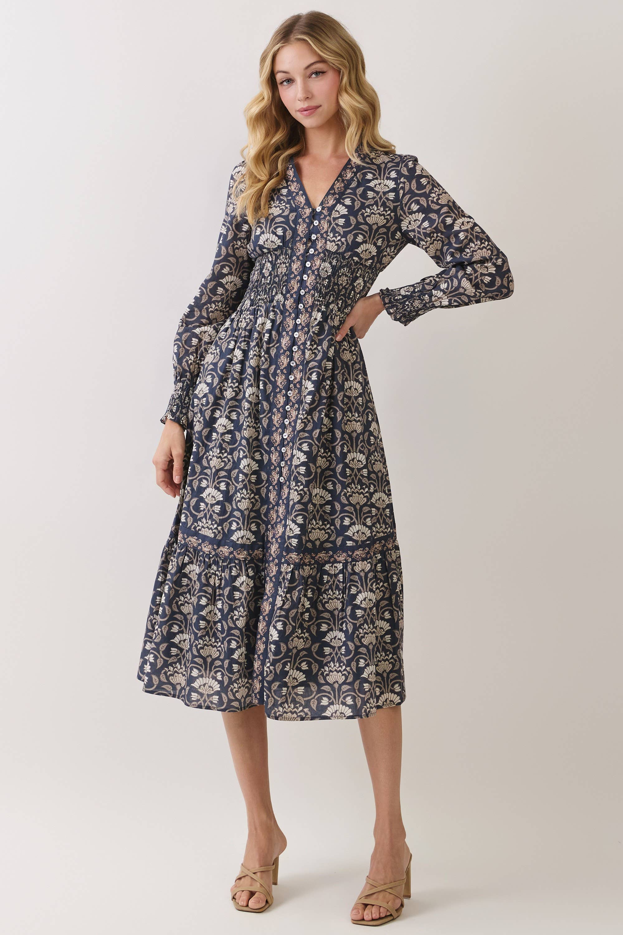 Navy Floral Smocked Waist Midi Dress