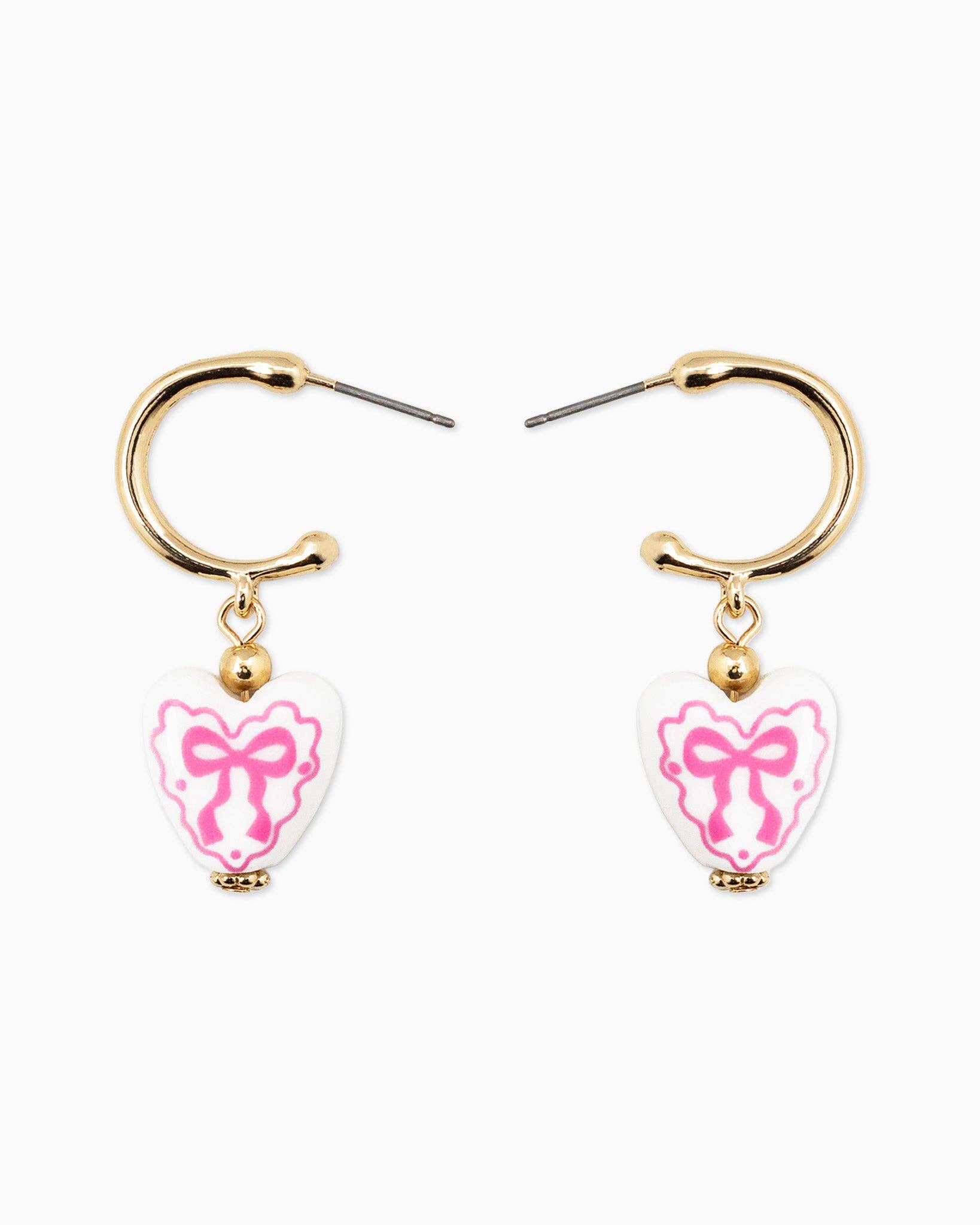 Pink Ceramic Heart Bow Graphic Drop Hoop Earrings