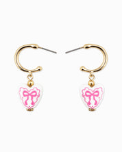 Pink Ceramic Heart Bow Graphic Drop Hoop Earrings