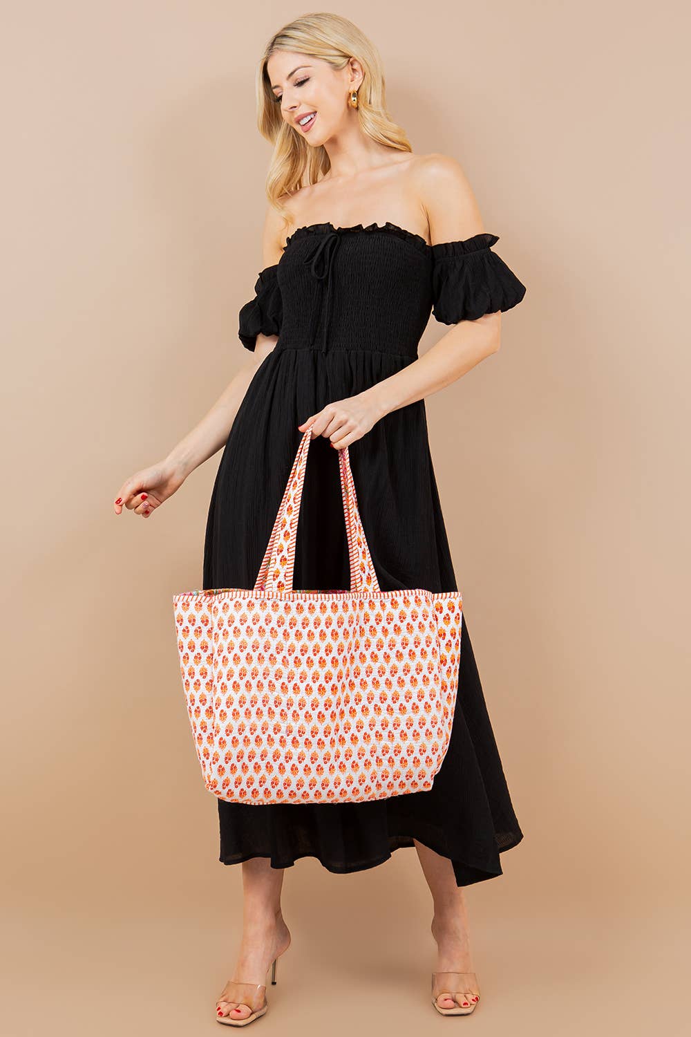 Orange Floral Quilted Tote Bag