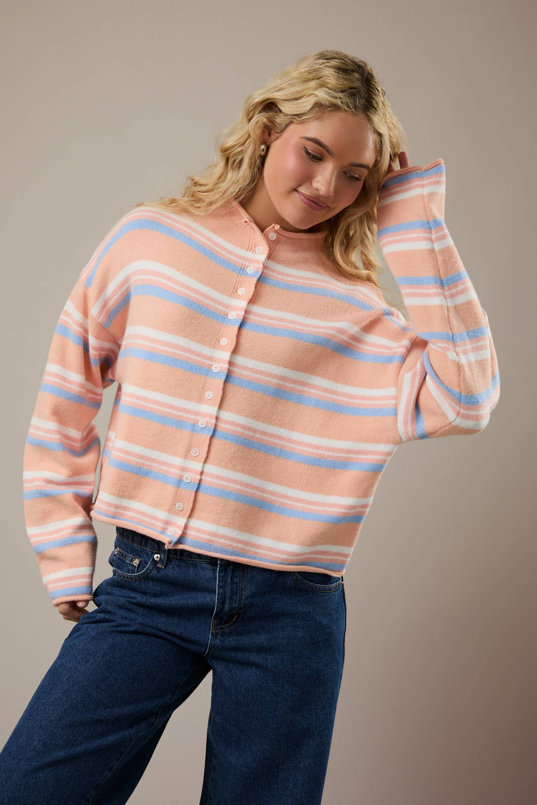 Pink Striped Rolled Hem Cardigan
