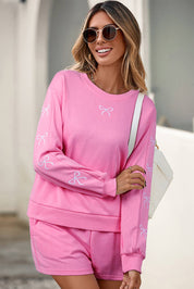 Pink & White Bow Embroidered Pullover & Shorts Set