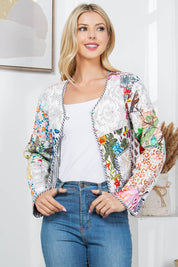 White Floral Print Quilted Patch Reversible Jacket