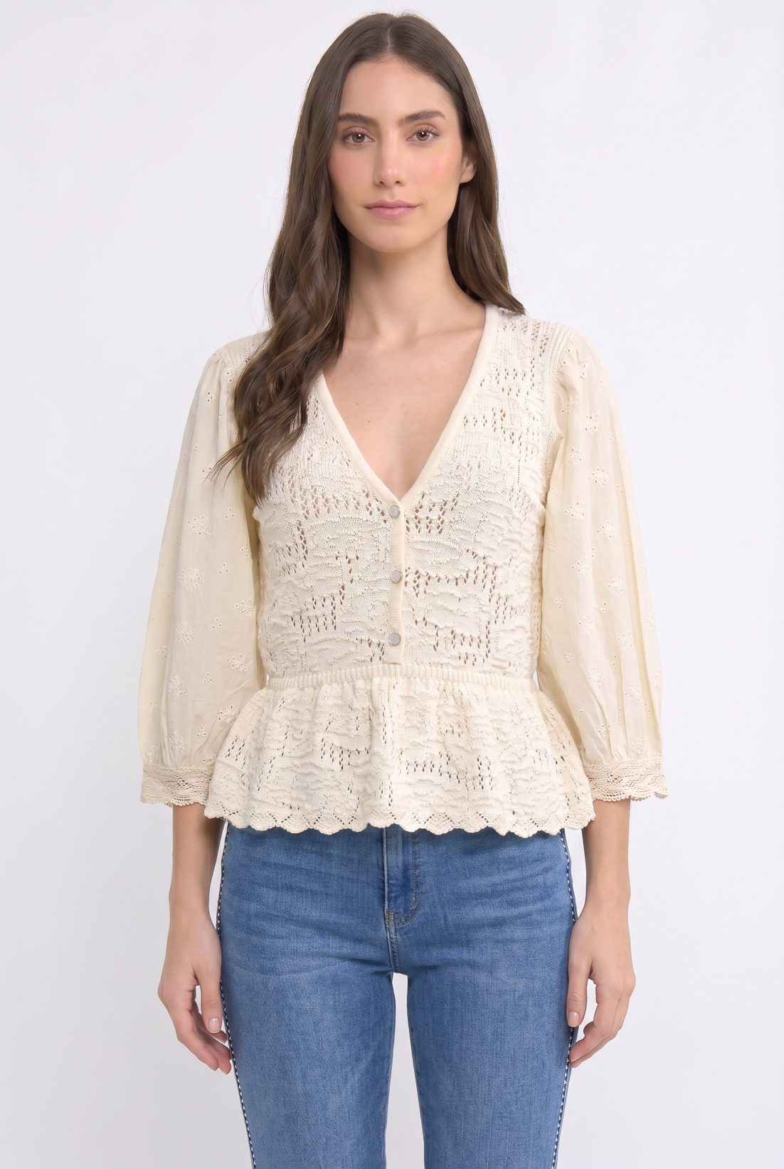 Peplum Eyelet Sleeve Knit Blouse — 3/4 length puff sleeves and scalloped hem