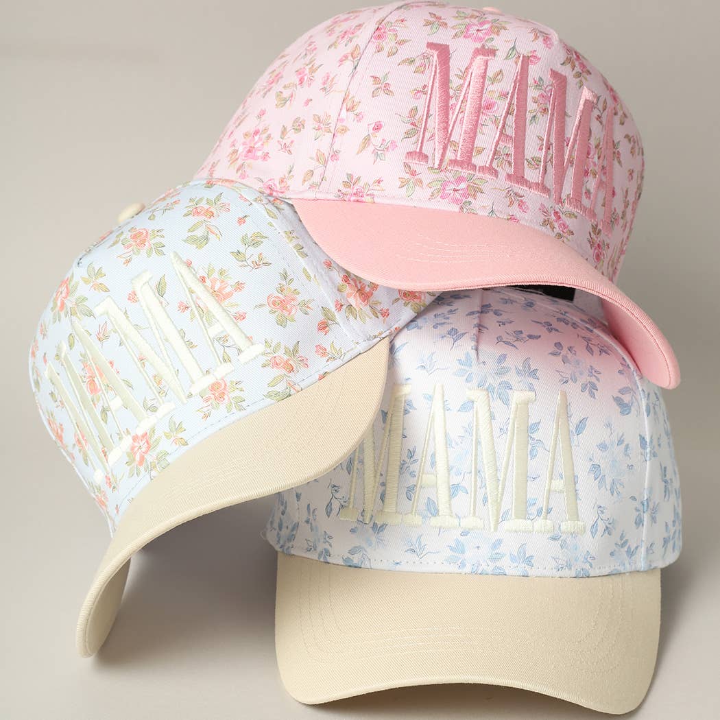 Mama Blue & White Embroidered Flower Hat