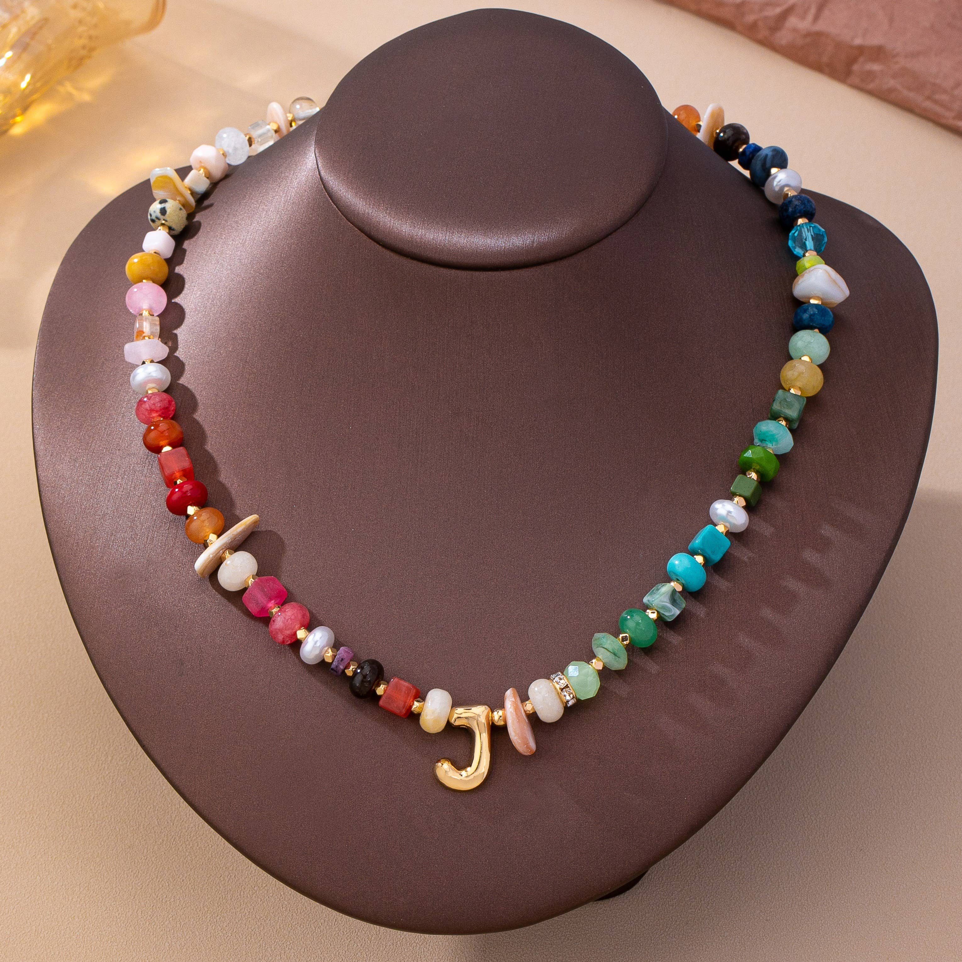Multicolor Gemstone Chip Initial Necklace