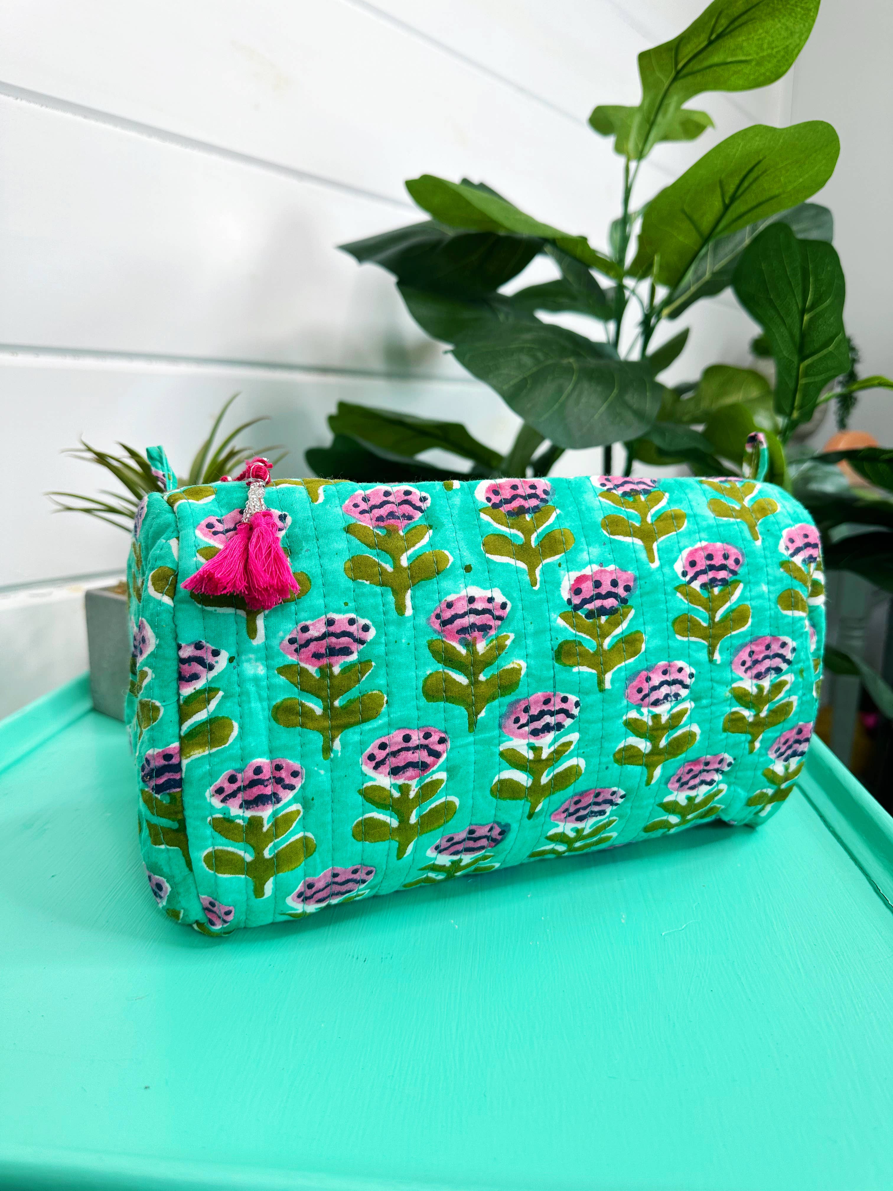 Aqua Floral Quilted Travel Bag