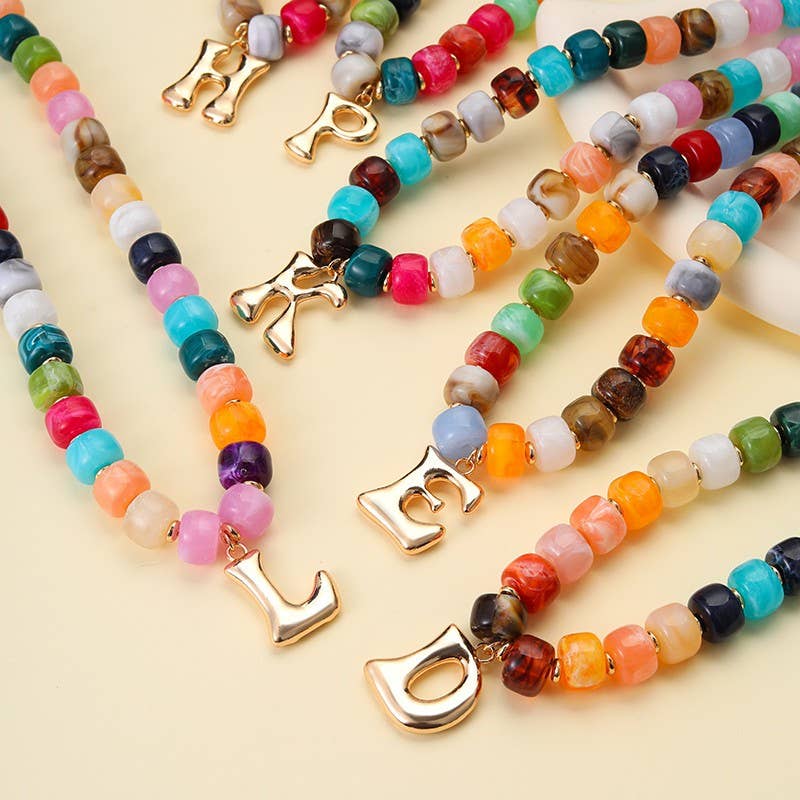 Multicolor Chunky Bead Initial Necklace