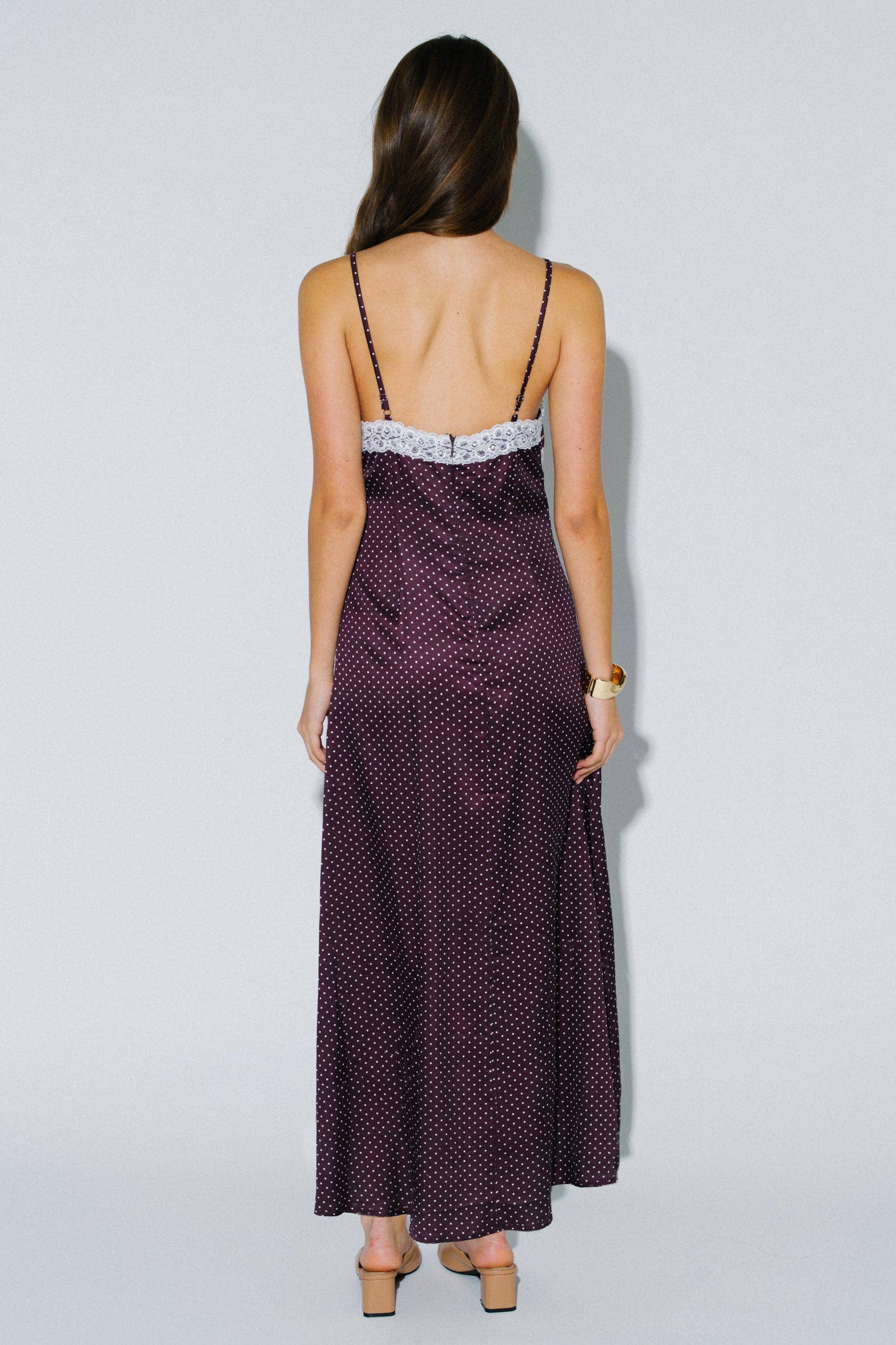 Dark Brown Polka Dot Midi Slip Dress