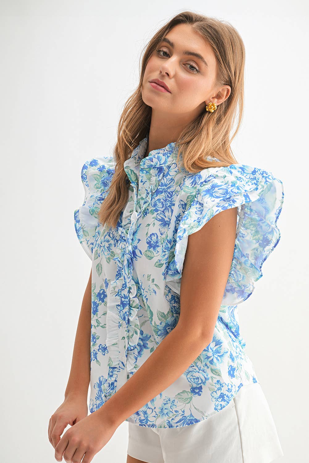 Blue Floral Ruffle Frilly Blouse