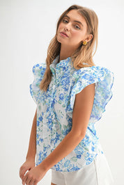Blue Floral Ruffle Frilly Blouse