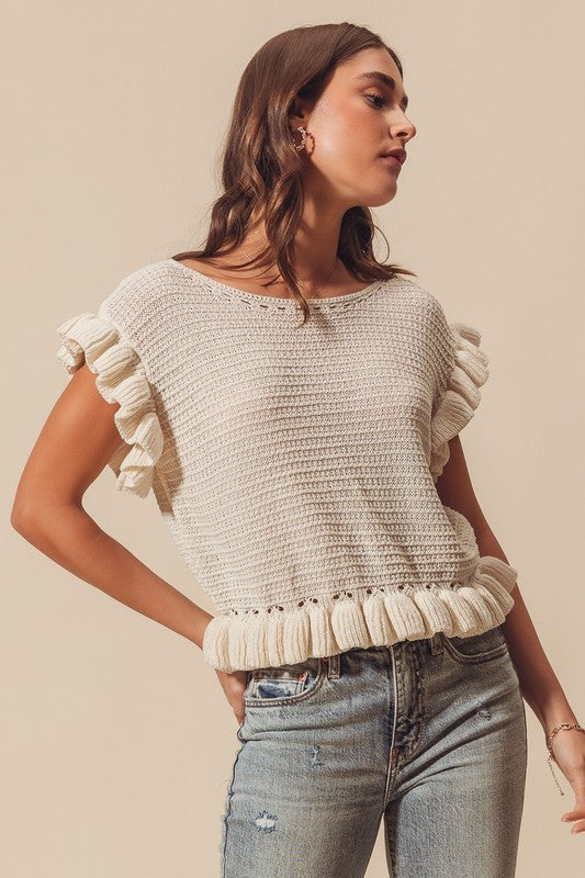 White Ruffle Knit Sweater