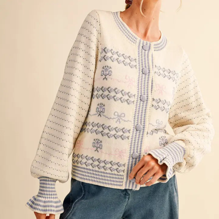 Blue Floral Ruffle Sleeve Sweater Cardigan