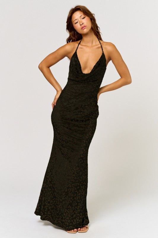 Black  Halter Leopard Print Maxi Dress