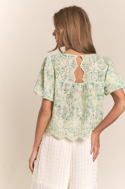 Green Embroidered Floral Puff Sleeve Top