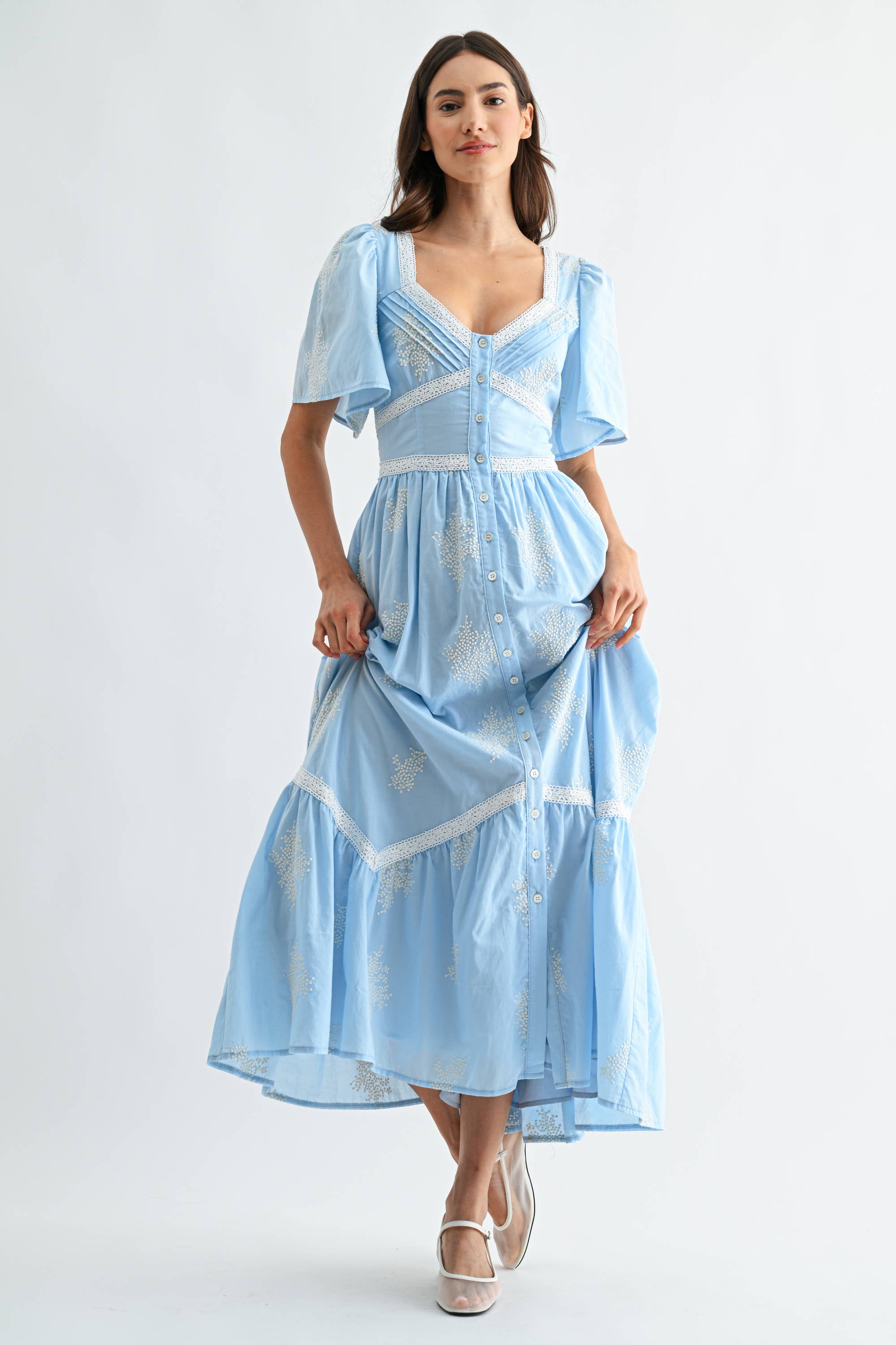 Blue Embroidered Midi Dress