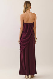 Maroon Strapless Draped Maxi Dress