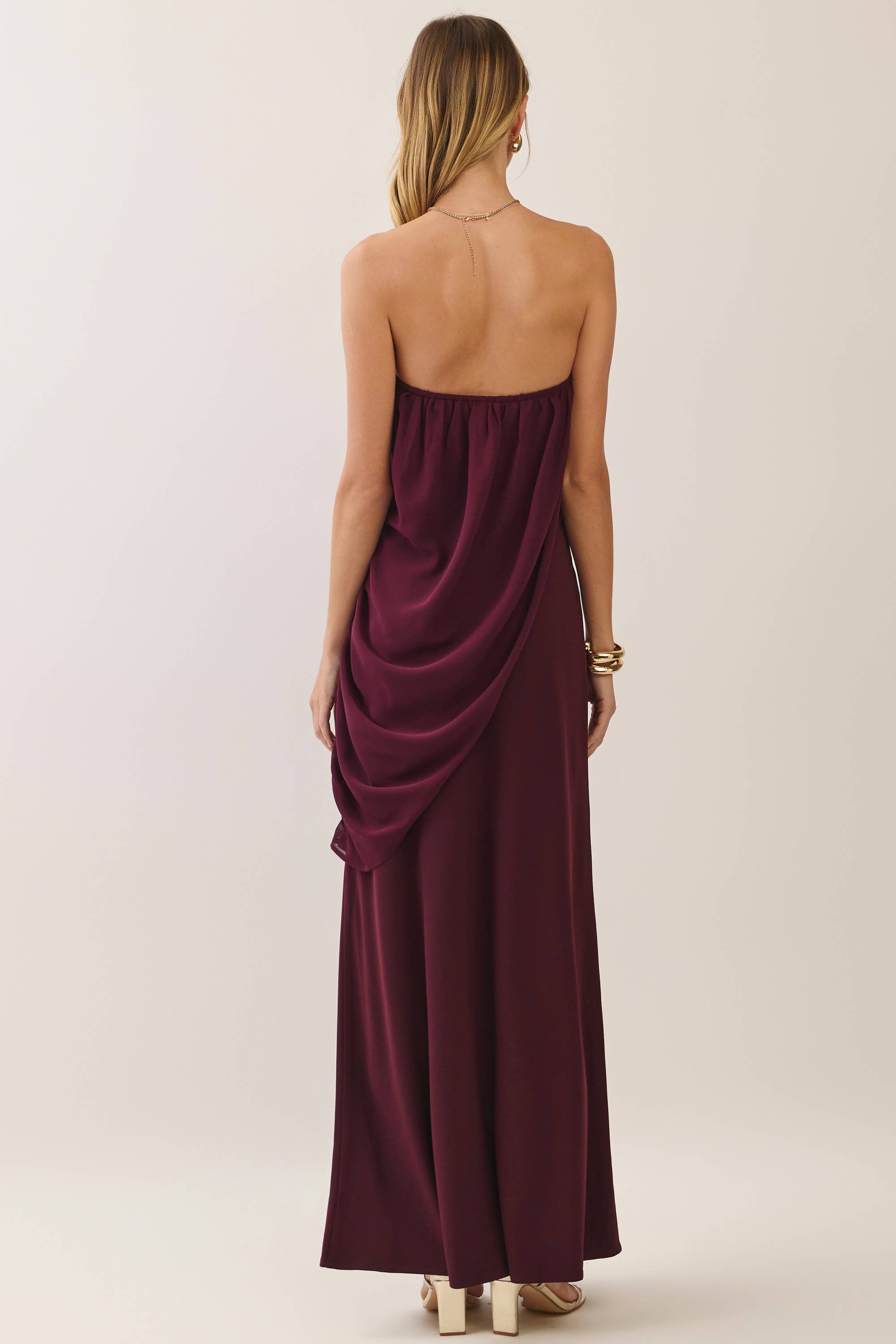 Maroon Strapless Draped Maxi Dress