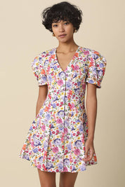 White Floral Puff-Sleeve Dress