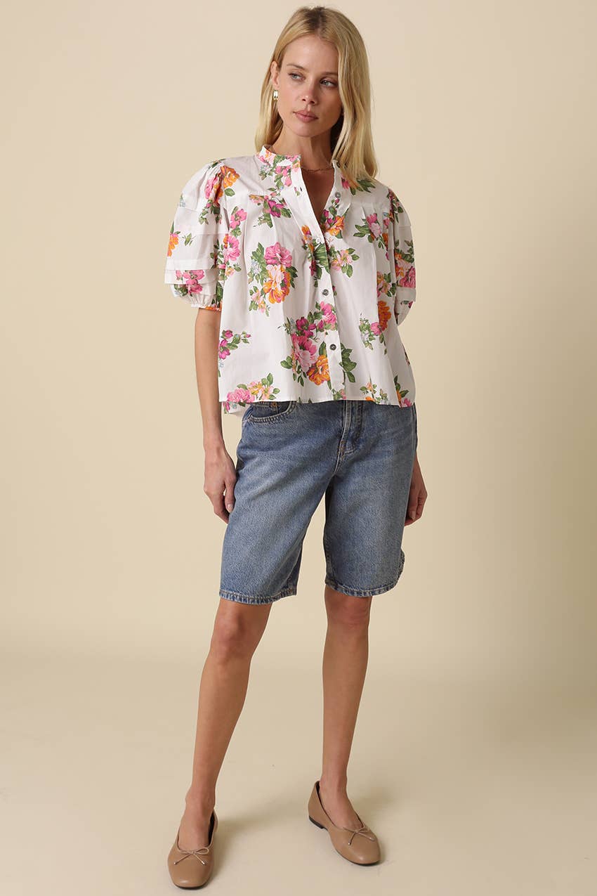 White Floral Puff Sleeve Blouse