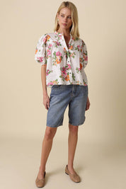 White Floral Puff Sleeve Blouse