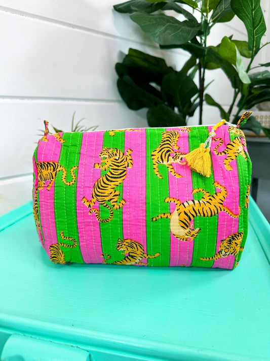 Quilted Tiger Print Makeup Bag | Cosmetics Toiletry Bag