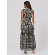 Brown Floral Plunging Ruffled Maxi Dress