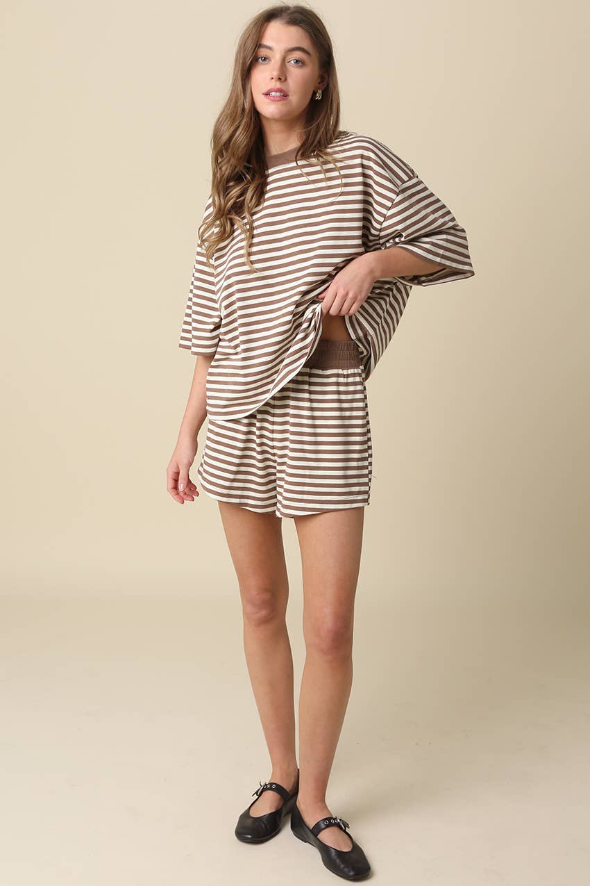 Brown & Cream Striped Elastic-Waist Shorts