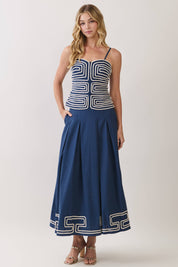 Navy Embroidered Pleated Maxi Skirt