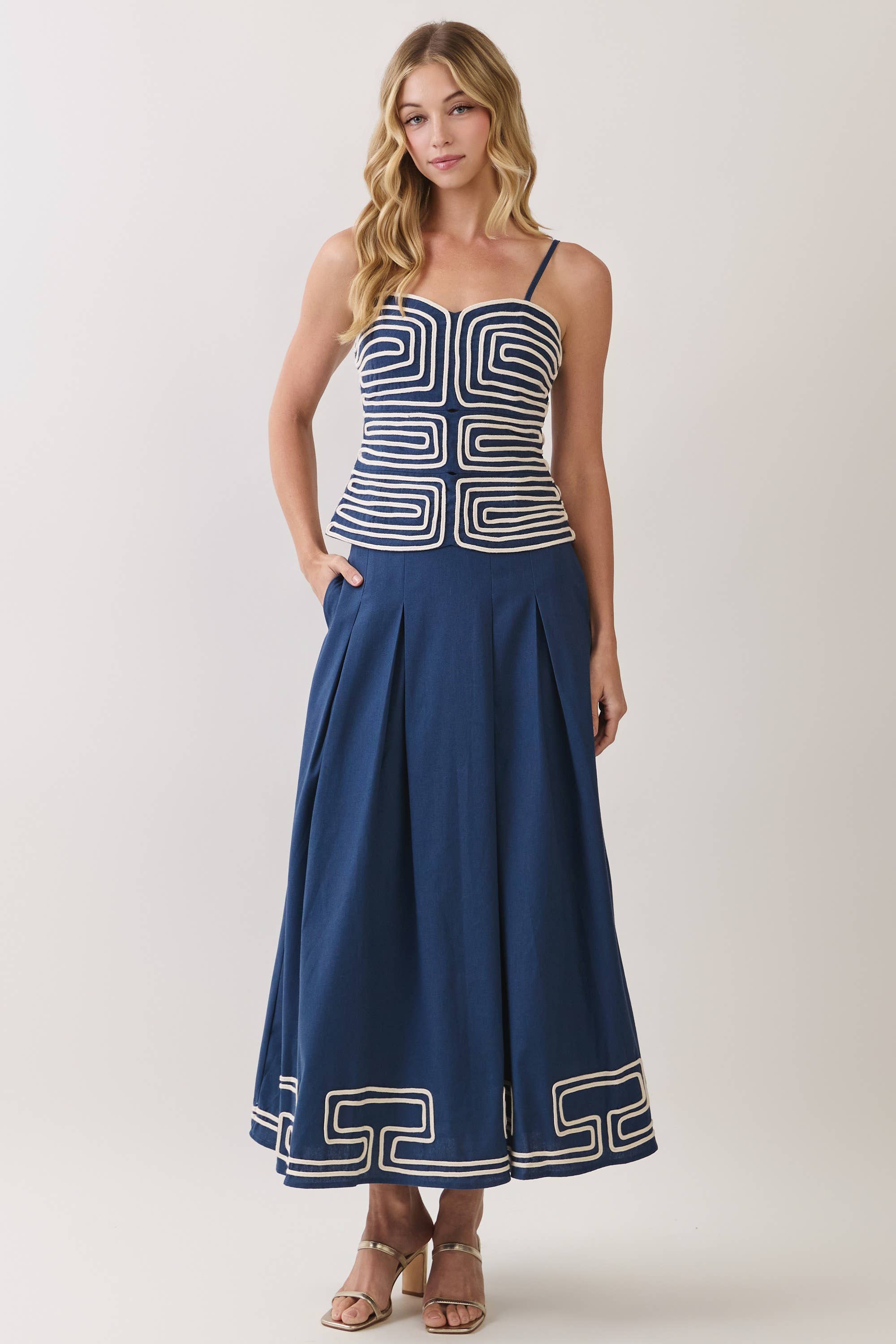 Navy Embroidered Corset Cami Top