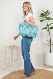 Teal Hibiscus Quilted Tote Bag