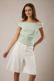 Green Stripe Off Shoulder Top